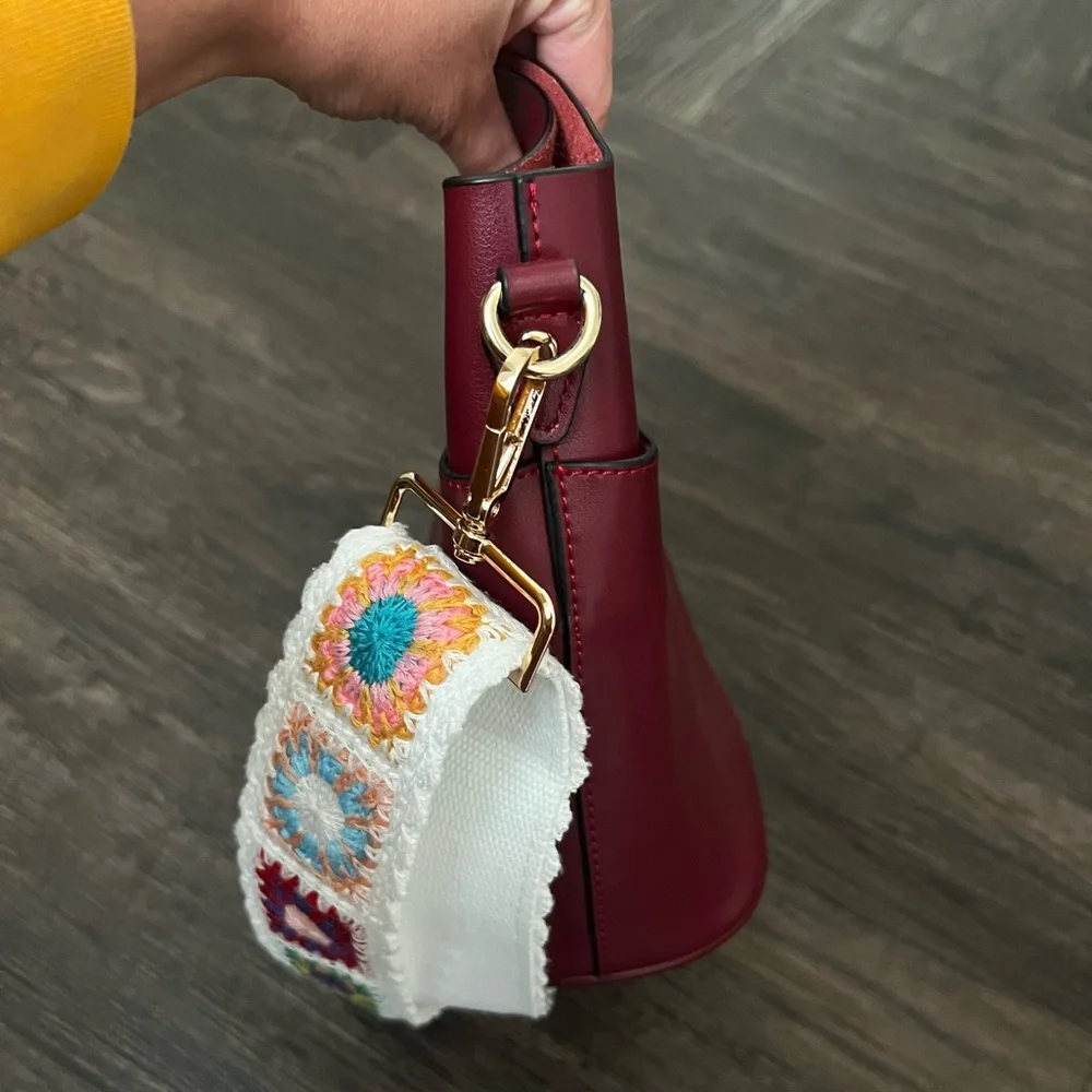 Maroon Bucket Bag Purse w Colorful Wide Crossbody Adjustable Strap